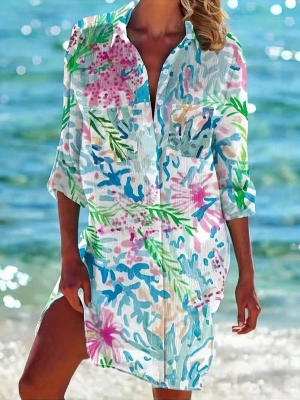 Beach-Ready Floral Button-Up Cover-Up Dress - White Multi